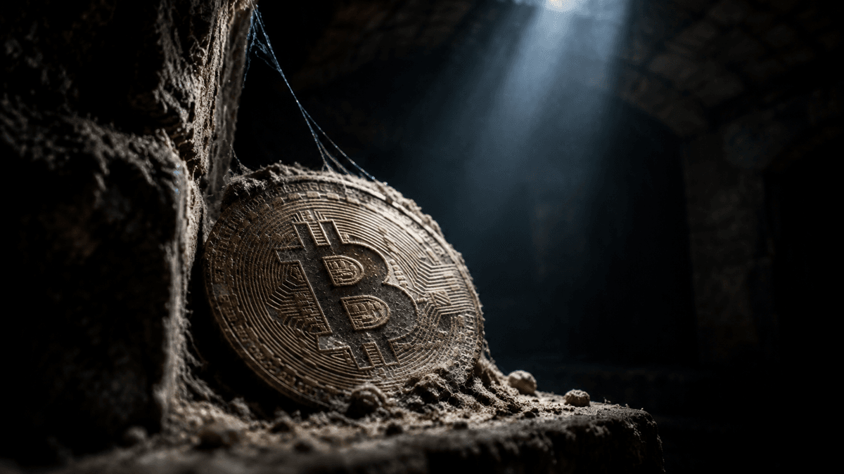 Metal coin with an embossed bitcoin symbol lying under a thick layer of dust in a stone niche of a vaulted cellar