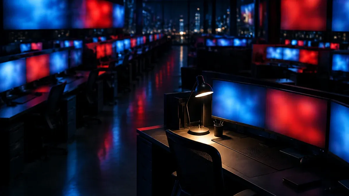 Nächtlicher Handelssaal von oben, lange Reihen leerer Arbeitsplätze, Bildschirme leuchten in kaltem Blau und tiefem Rot, eine einzelne Schreibtischlampe brennt.