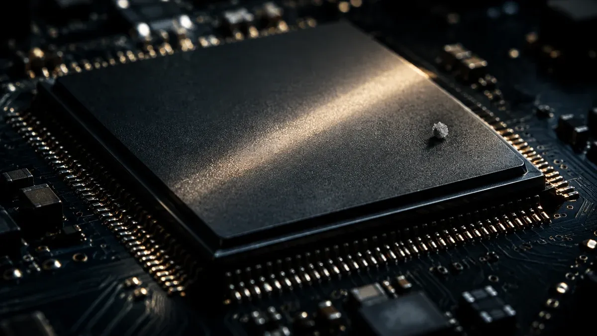 Makroaufnahme eines schwarzen Prozessorchips auf dunkler Platine, goldene Kontaktreihen glänzen, ein schmaler Lichtstreifen läuft diagonal über die Oberfläche.