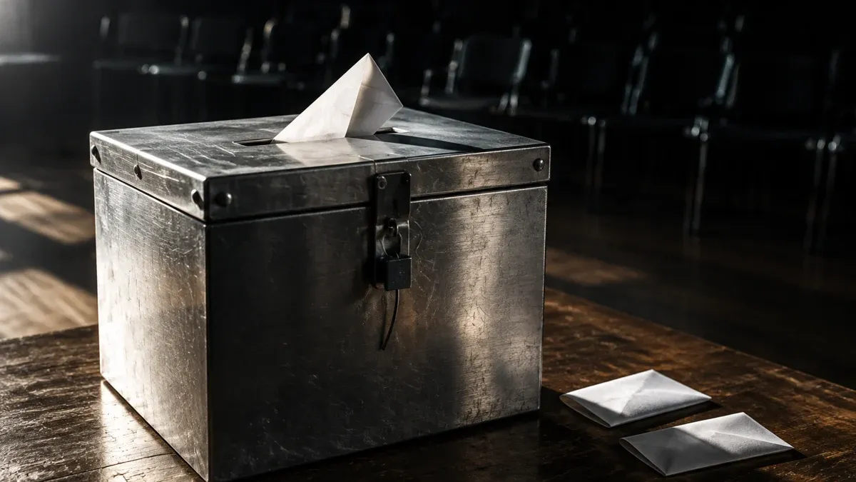 Verplombte Wahlurne aus gebürstetem Aluminium auf einem Holztisch, ein gefalteter blanko Zettel steckt halb im Einwurfschlitz, dahinter leere Stuhlreihen