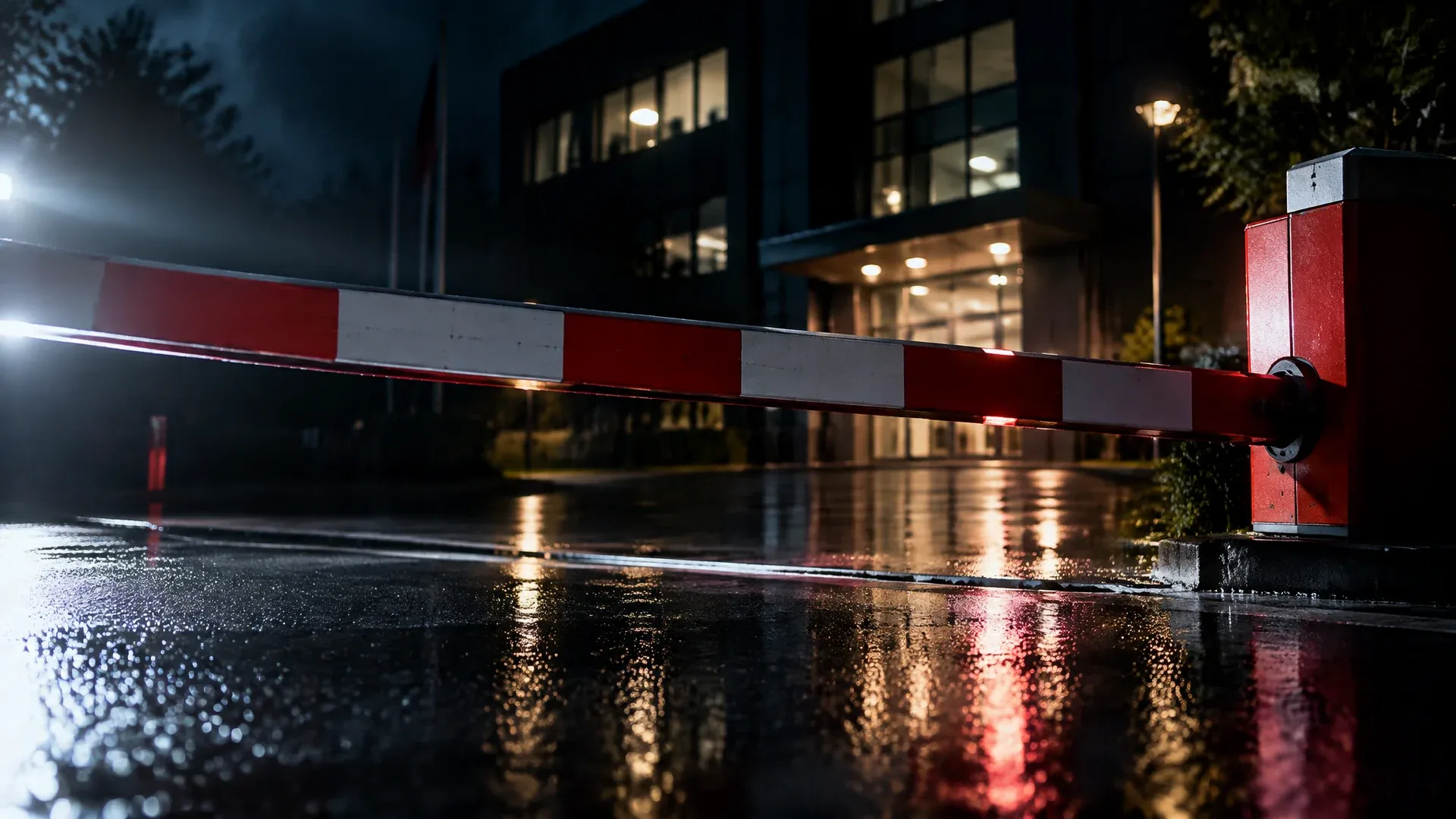 Rot-weiße Schlagbaumschranke senkt sich bei Nacht auf nassen Asphalt vor einem beleuchteten Verwaltungsgebäude, nur ein schmaler Spalt bleibt offen