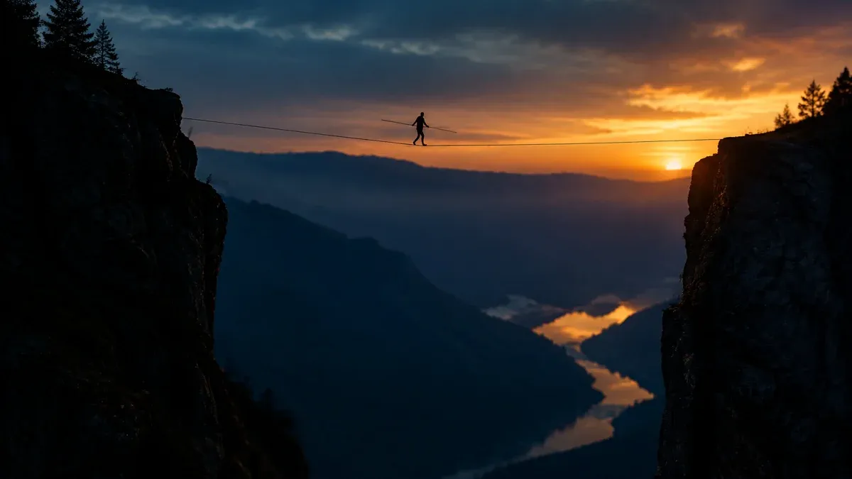 Seiltänzer als Silhouette auf einem Drahtseil zwischen zwei Felsen in der Dämmerung