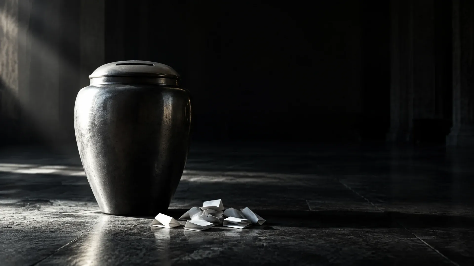 Schwere Stahlurne mit schmalem Einwurfschlitz allein in einem leeren dunklen Saal, davor nur eine Handvoll gefalteter Zettel auf dem Steinboden