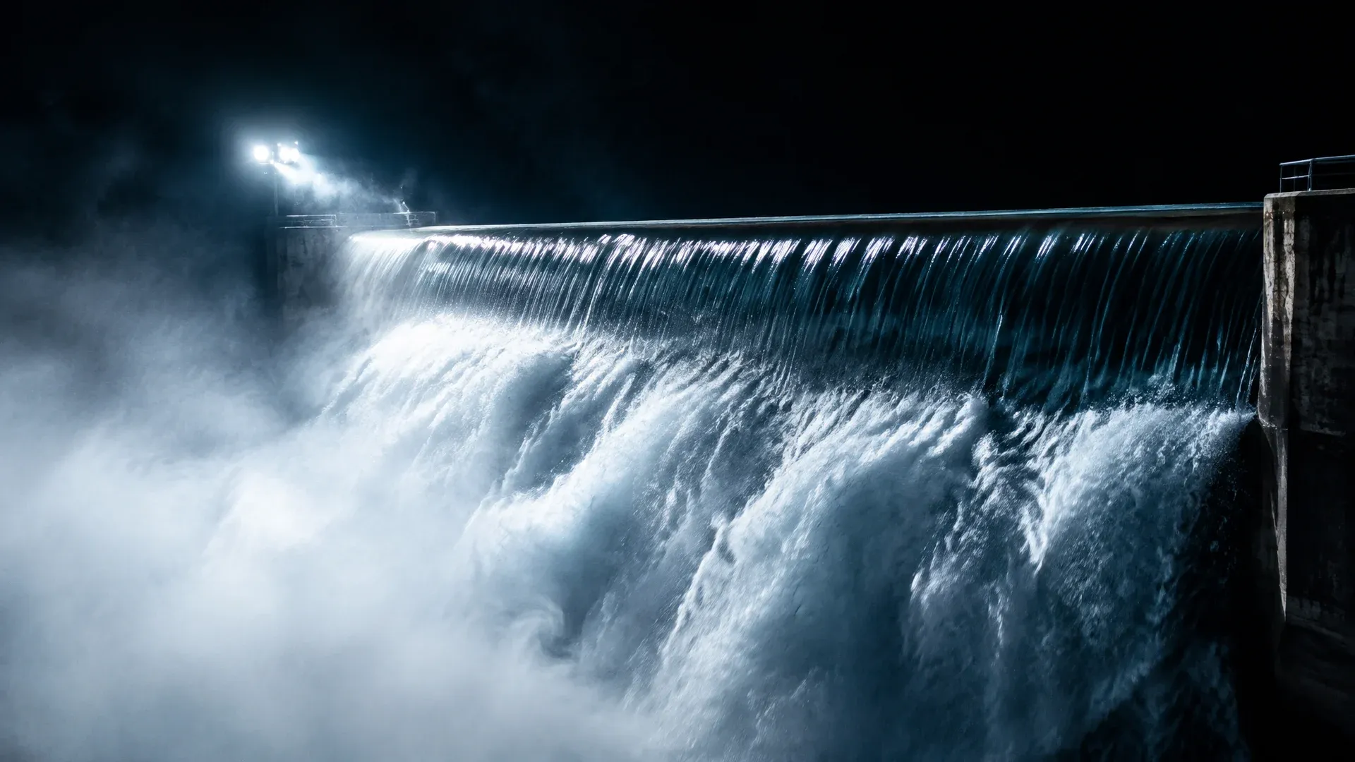 Hochwasserüberlauf einer Talsperre bei Nacht, das Wasser schießt in voller Breite über eine schmale Betonkrone und stürzt in die Tiefe, dichte Gischt im Scheinwerferlicht