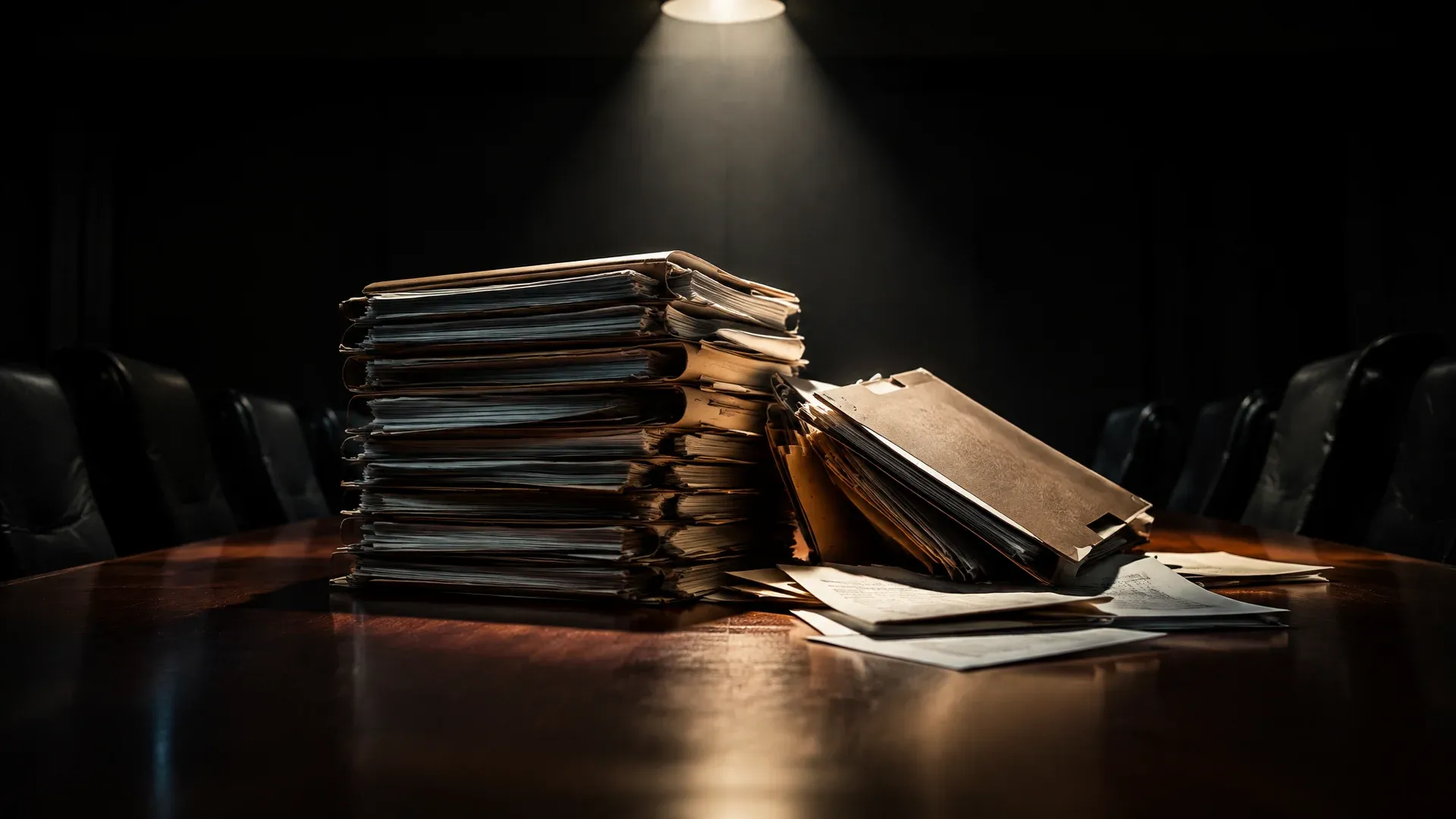 Stacked folders on a conference table, part of the stack tipped over and pushed aside