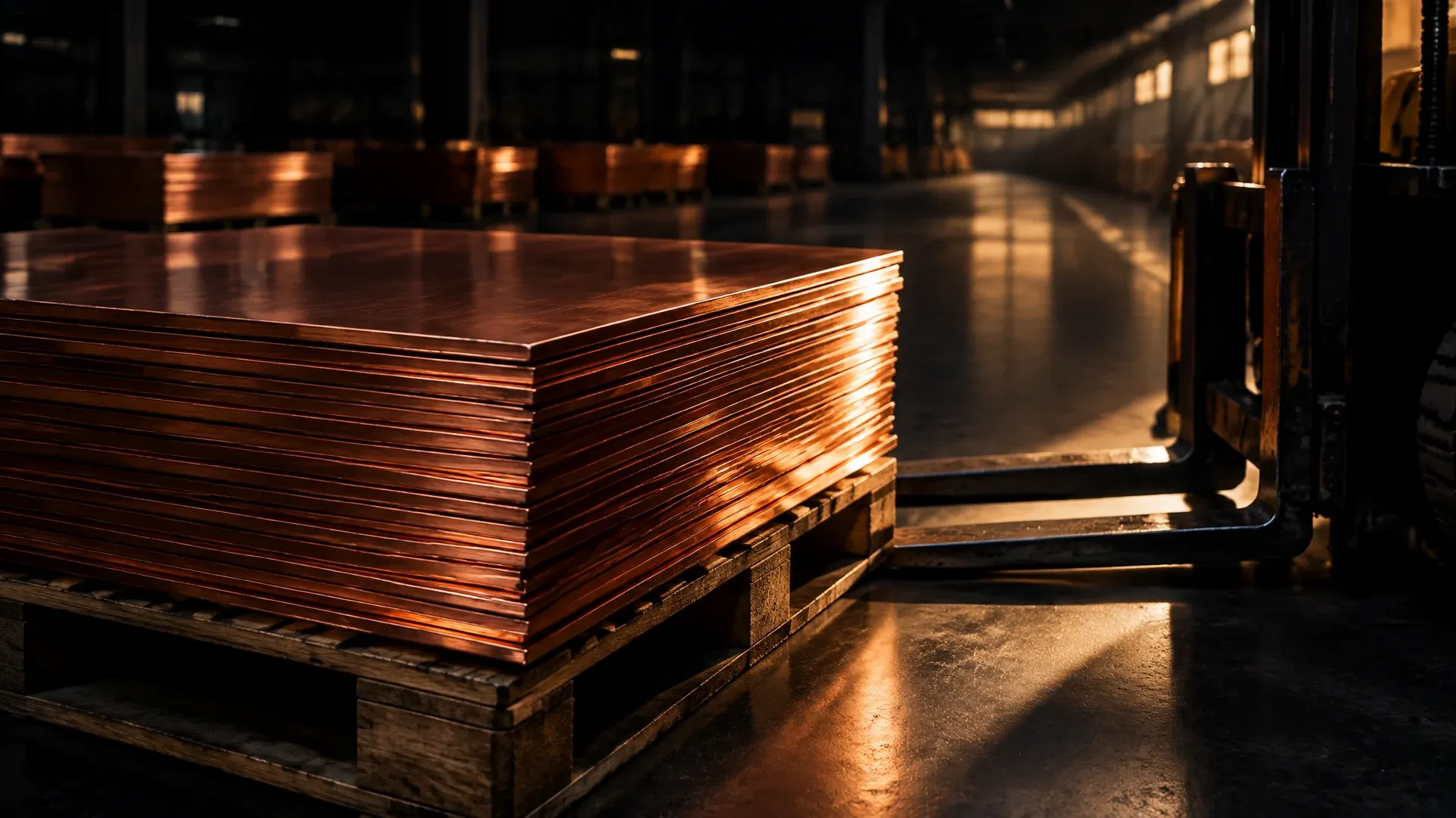Stacked bare copper plates on pallets in a wide warehouse under raking light