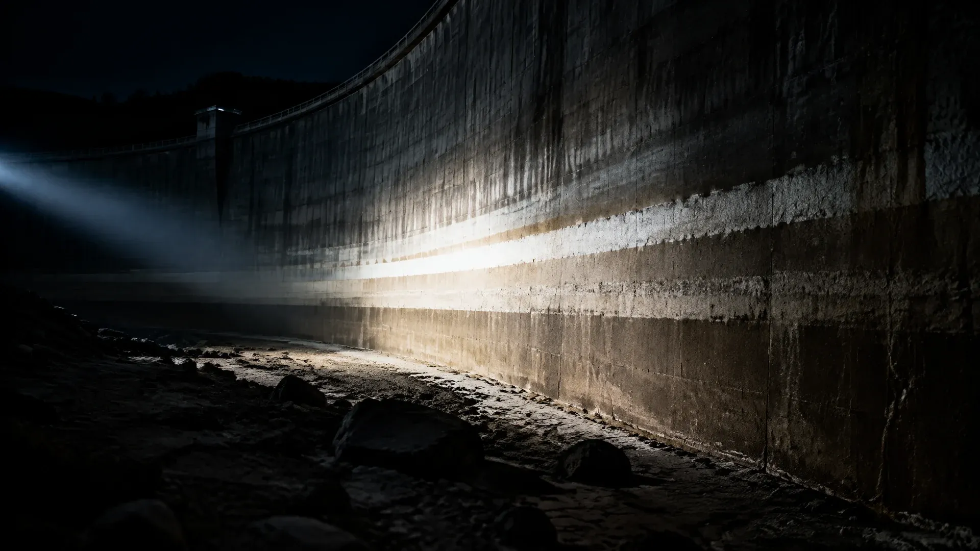 Betonmauer eines Stausees bei Nacht von innen, der Wasserstand ist stark gesunken und hat breite helle Rückstandsbänder hinterlassen, ein Scheinwerfer streift die trockene Zone