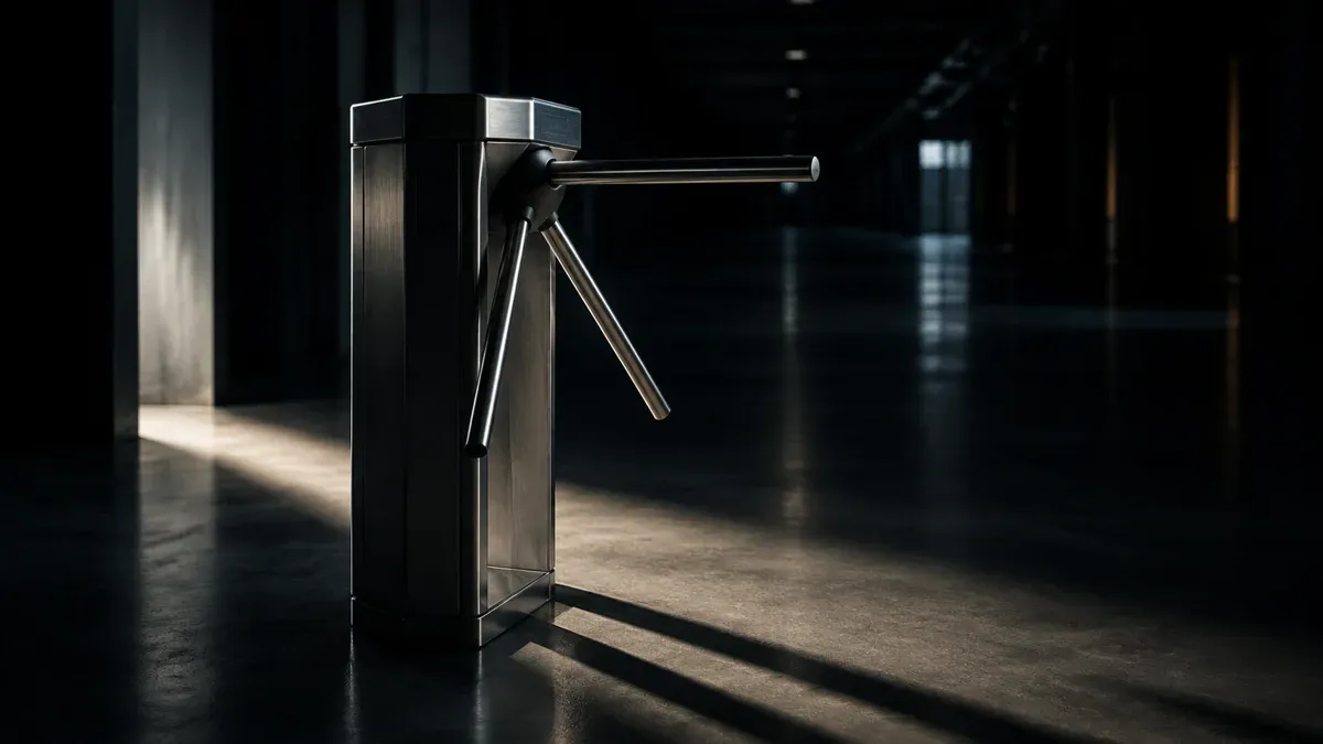 A single steel turnstile in the side beam of light of a dark, empty hall