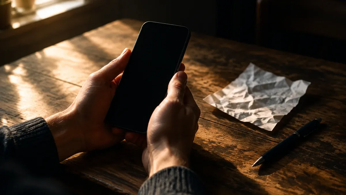 Two hands holding a smartphone with a dark display above a wooden table, with a ballpoint pen and a crumpled note beside it
