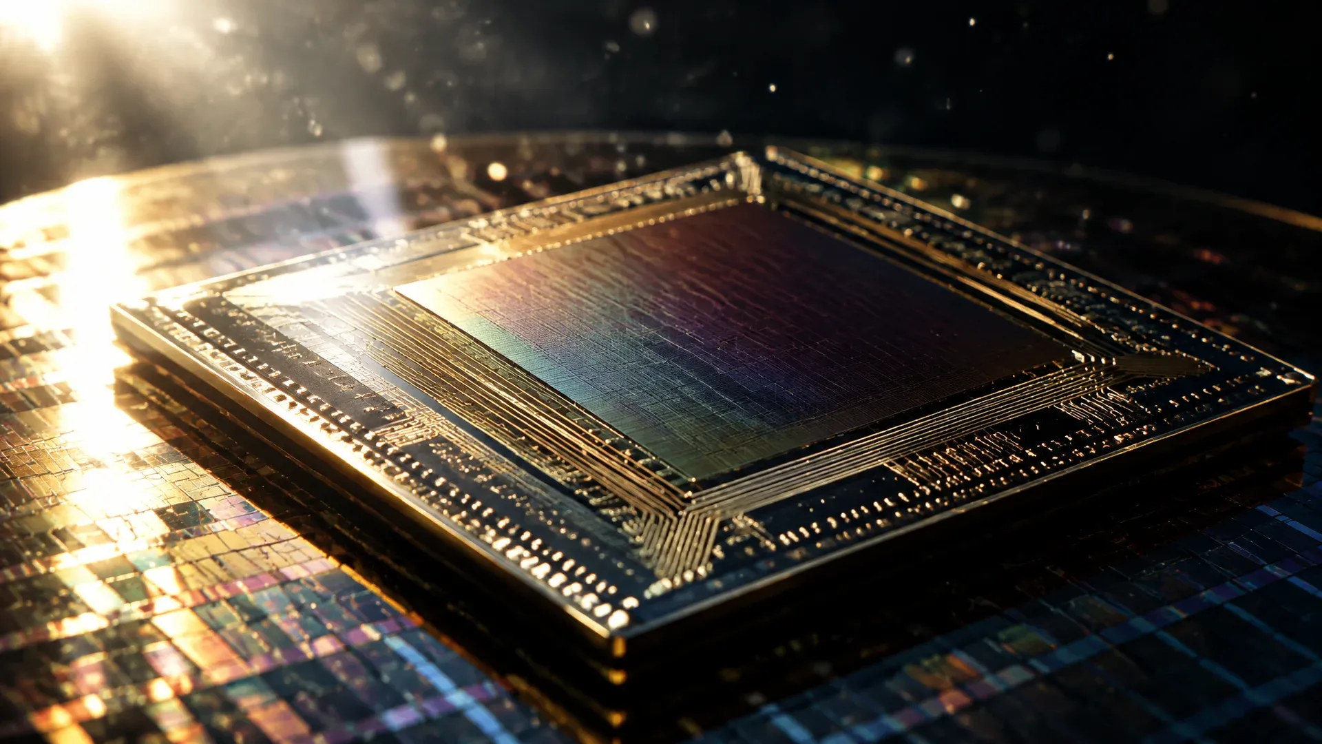 Makroaufnahme eines sehr großen quadratischen Rechenchips auf einem Wafer im Gegenlicht