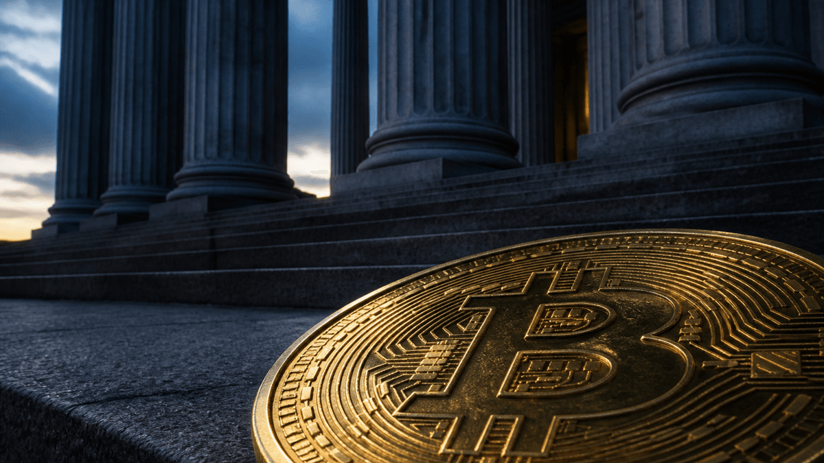 Klassizistisches Säulenportal eines Behördengebäudes in der Dämmerung, davor gross im Anschnitt eine goldene Münze mit eingeprägtem Bitcoin-Zeichen auf einer Steinstufe