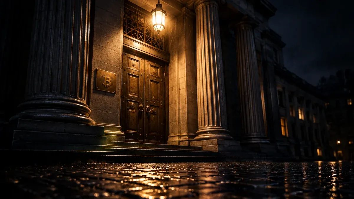 Columned portal of a regulatory authority at night, beside it a brass plate with an engraved bitcoin symbol