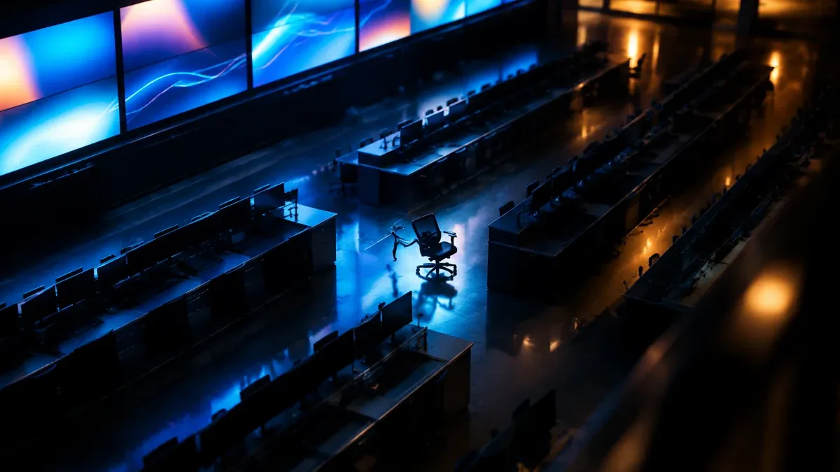 Empty trading floor at night with a wall of glowing screens showing no readable figures