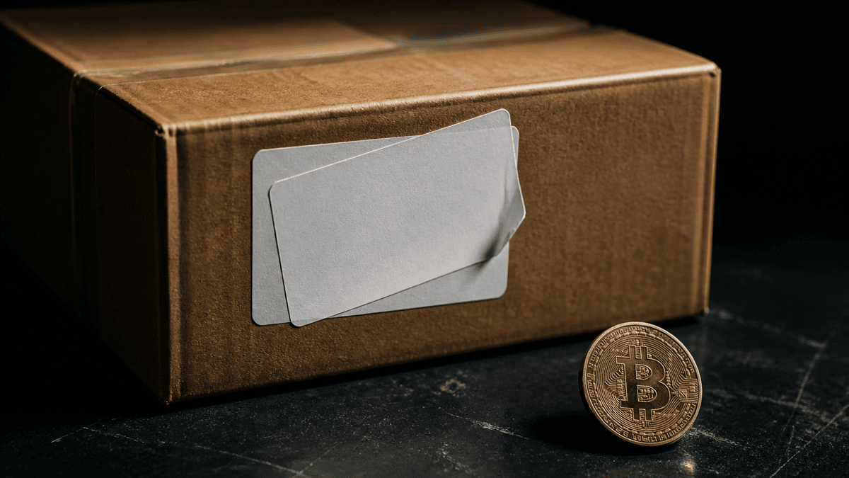 Zweiter leerer Aufkleber schief über dem Originaletikett eines Pakets, daneben eine Münze mit Bitcoin-Zeichen