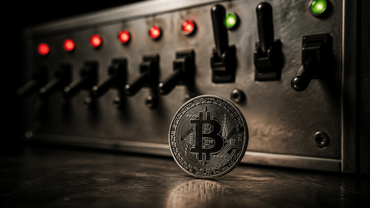 Industrielle Schalttafel mit überwiegend ausgeschalteten Kippschaltern und einer aufrecht stehenden Bitcoin-Münze