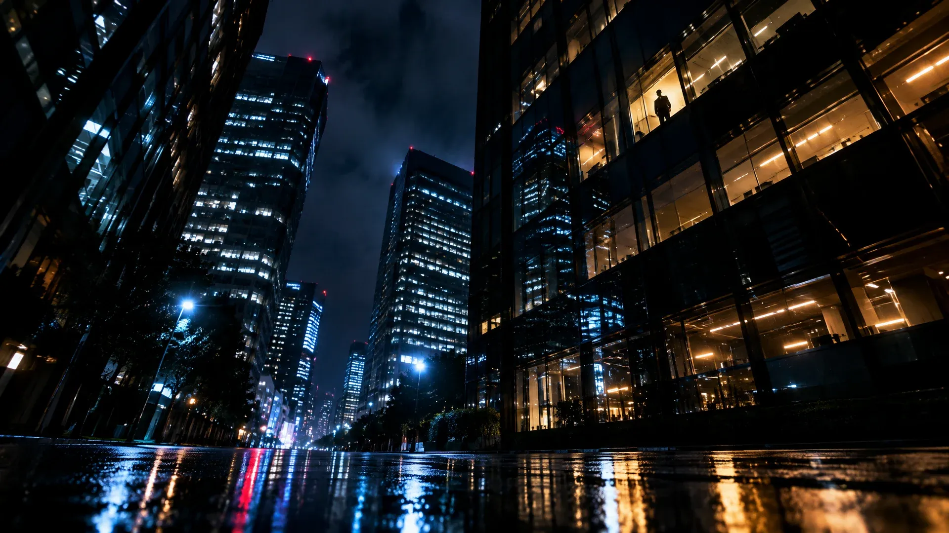 Nächtliche Hochhausschlucht in Tokio von unten, nasser Asphalt spiegelt die Lichter der Büroetagen