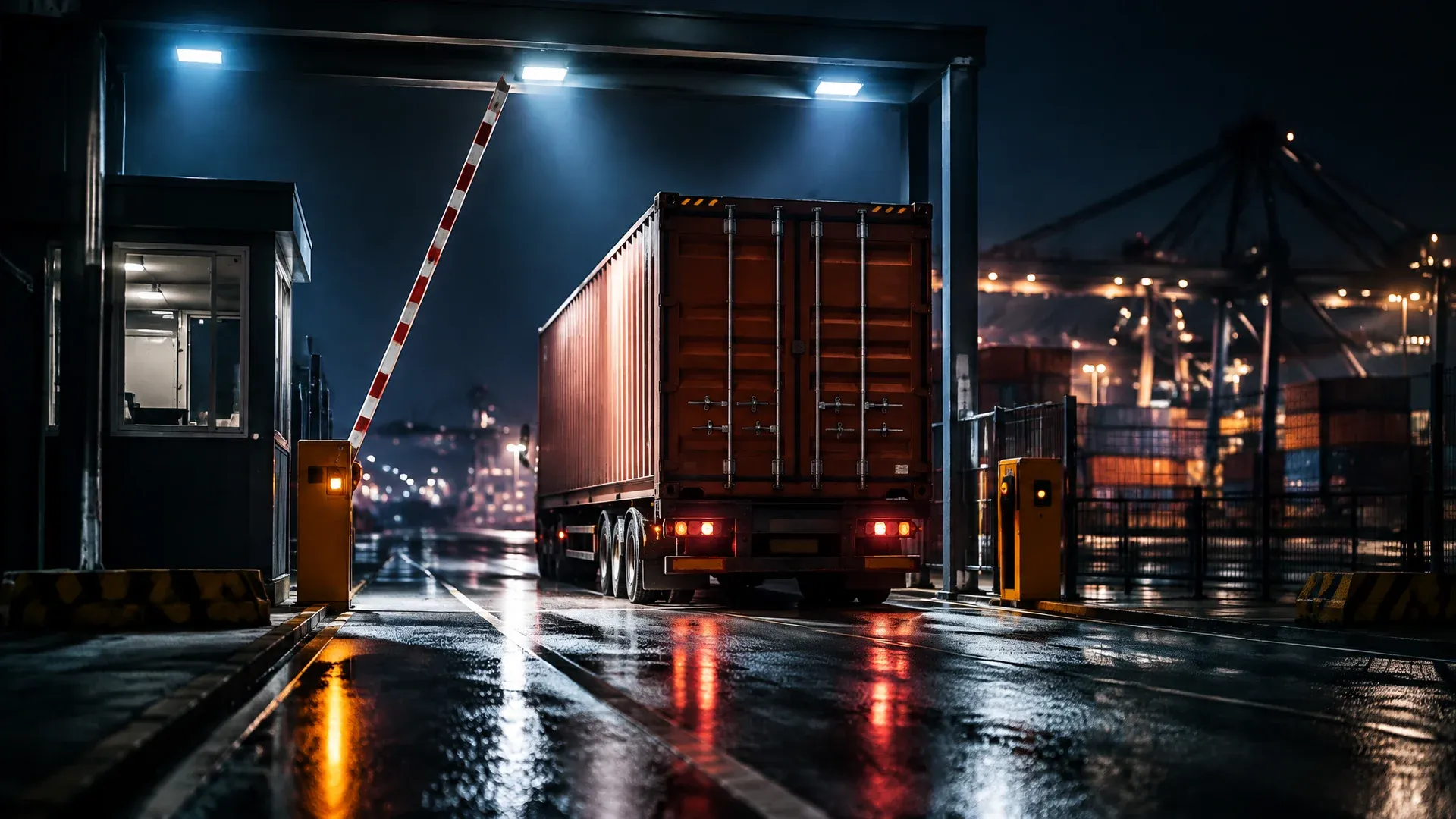 Offene Zollschranke an einem Containerhafen bei Nacht, ein Container rollt unter Scheinwerfern durch das Tor