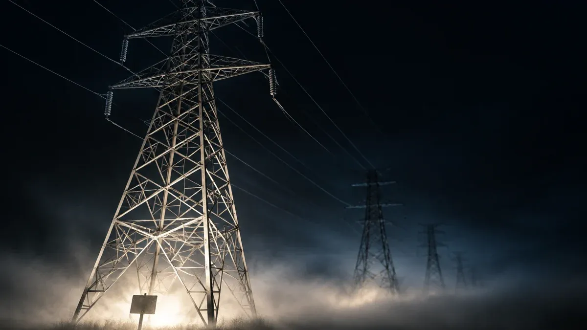 Reihe gewaltiger Hochspannungsmasten aus Stahlgitter, die bei Nacht in dichtem Bodennebel in die Tiefe verschwindet, Leitungen als dünne Linien