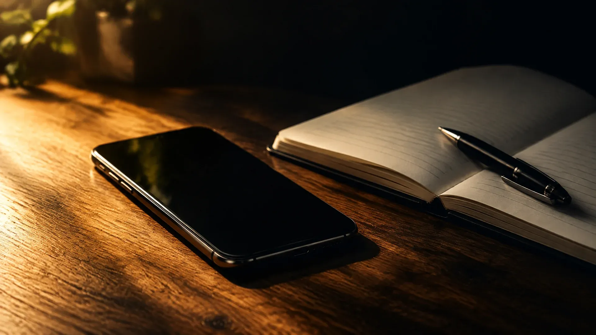 Markenloses Smartphone mit dunklem Display auf einem Holztisch neben einem aufgeschlagenen Notizblock und einem Stift