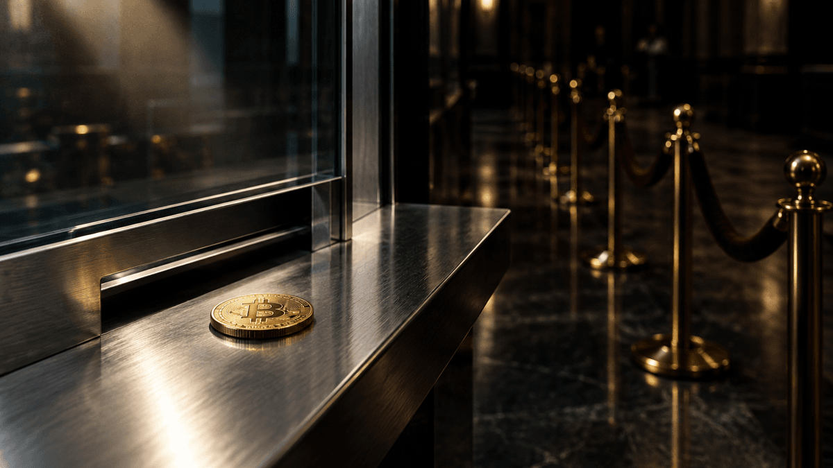 Menschenleerer Bankschalter aus gebürstetem Stahl hinter Glas, auf der Ablage eine einzelne Münze mit Bitcoin-Zeichen, dahinter eine leere Absperrung aus Messingpfosten