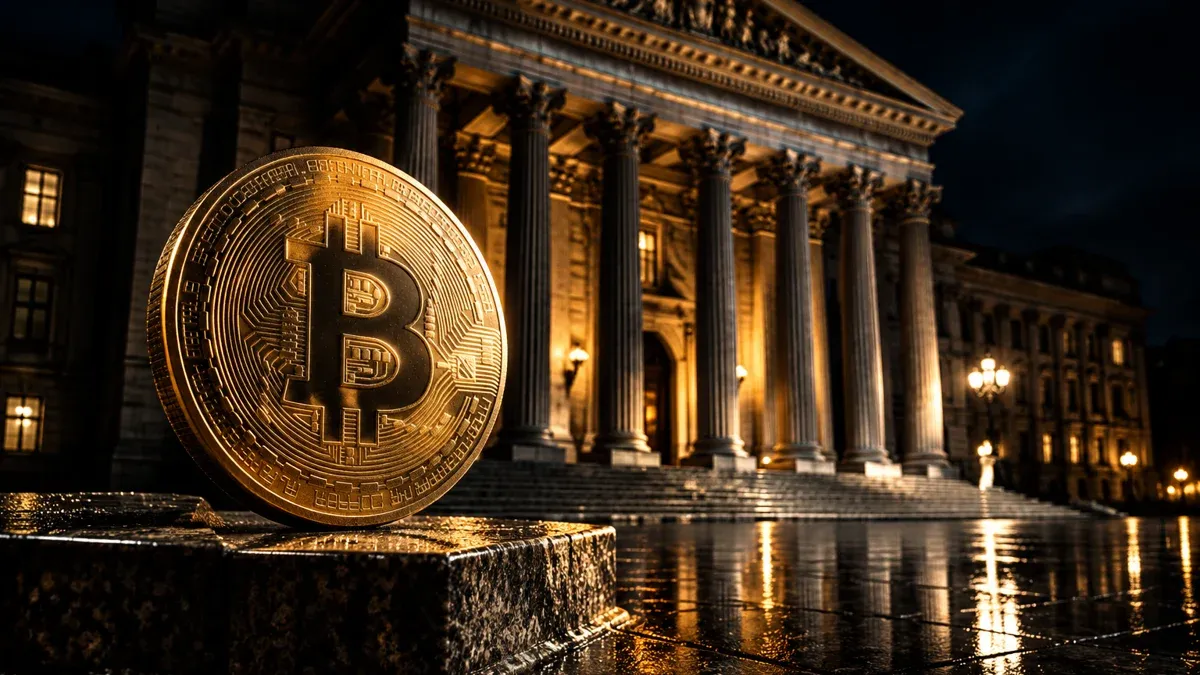Ein monumentales Bankgebäude mit Säulenportal bei Nacht, davor auf einem Sockel eine Metallmünze mit Bitcoin-Zeichen