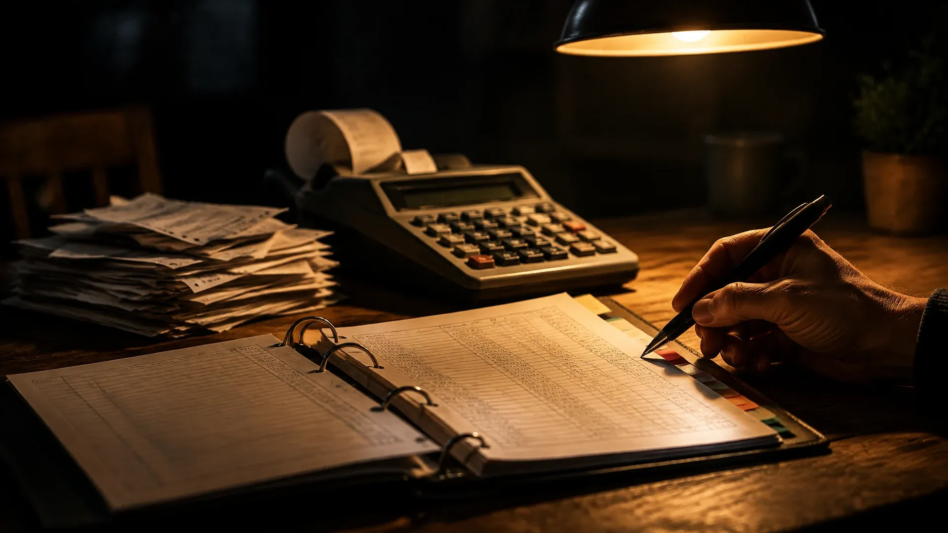 Open tax folder, desk calculator with a paper roll and bank statements on a kitchen table under a pendant lamp