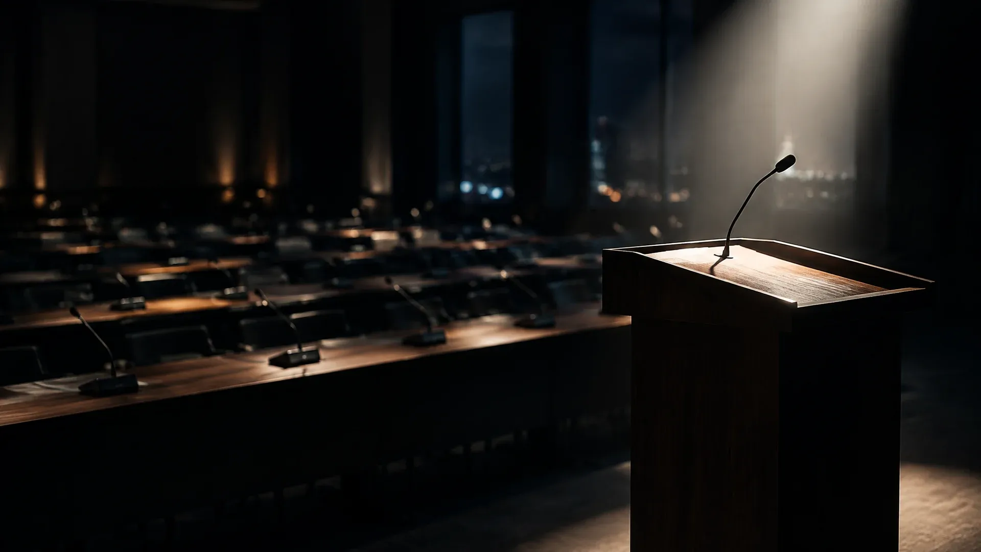Leerer Konferenzsaal bei Nacht mit langen Tischreihen, Tischmikrofonen und einem Lichtkegel auf dem Rednerpult
