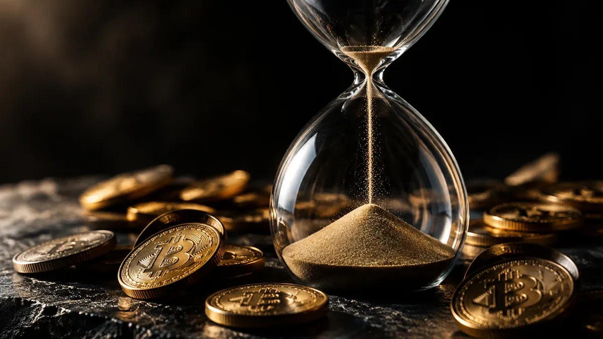 Fast durchgelaufene gläserne Sanduhr auf dunklem Schiefer, umgeben von geprägten Münzen