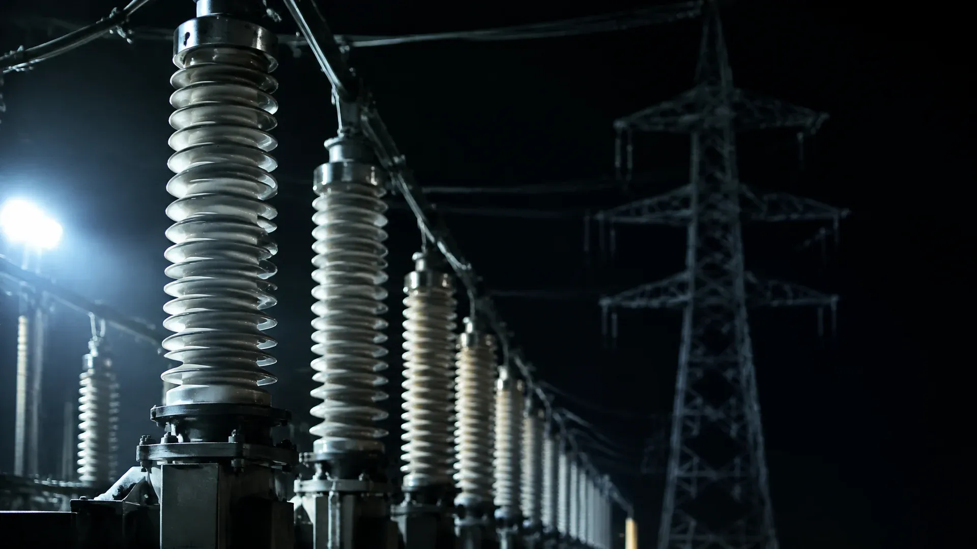 Lange Reihe hoher Porzellan-Isolatoren eines Umspannwerks bei Nacht im Scheinwerferlicht, dahinter ein Gittermast im Dunkel