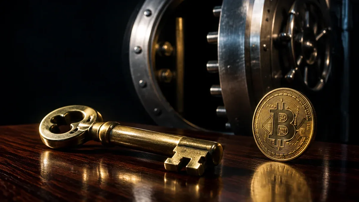 Schwerer Tresorschlüssel auf einem Holztresen vor einem halb geöffneten Tresortor, daneben eine Münze mit Bitcoin-Zeichen
