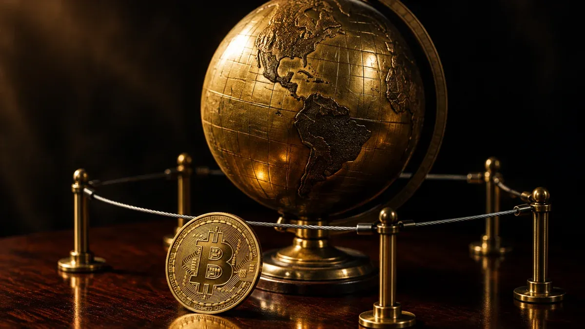 Messingglobus auf einem dunklen Schreibtisch, umspannt von gespannten Stahlseilen, davor eine Münze mit Bitcoin-Zeichen