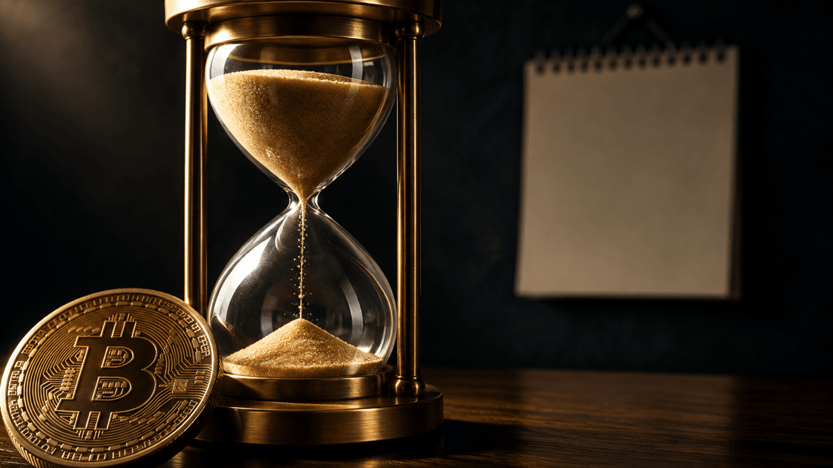 Eine frisch umgedrehte messingfarbene Sanduhr neben einer schweren Muenze mit Bitcoin-Zeichen auf dunklem Holz