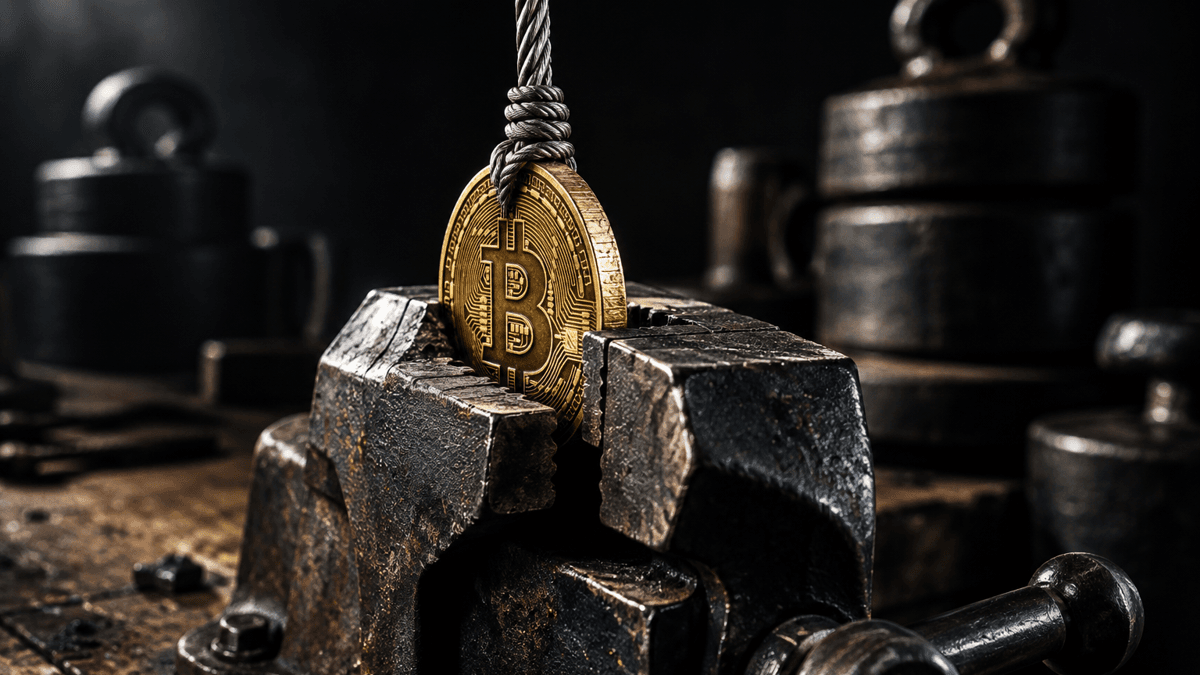 Eine Muenze mit Bitcoin-Zeichen steckt in einem Stahlschraubstock, ein gespanntes Stahlseil zieht daran