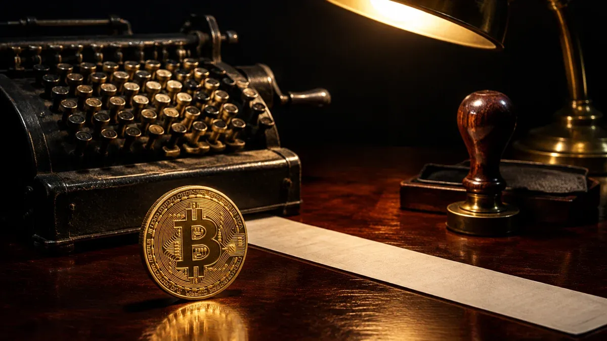 Mechanischer Rechenapparat, Holzgriff-Stempel und ein leerer Papierstreifen unter einer Messing-Schreibtischlampe, im Vordergrund eine Goldm&uuml;nze mit Bitcoin-Zeichen