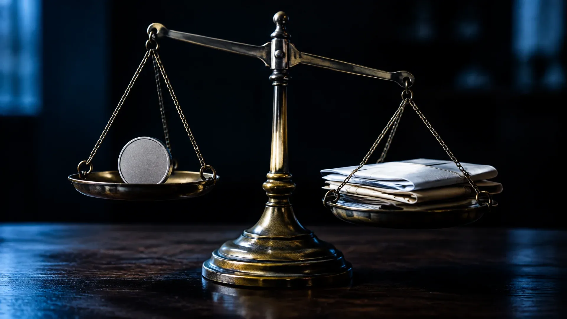 Messingwaage mit einer schlichten Münze und amtlichen Papieren als Sinnbild für die Aufteilung der Krypto-Aufsicht im CLARITY Act