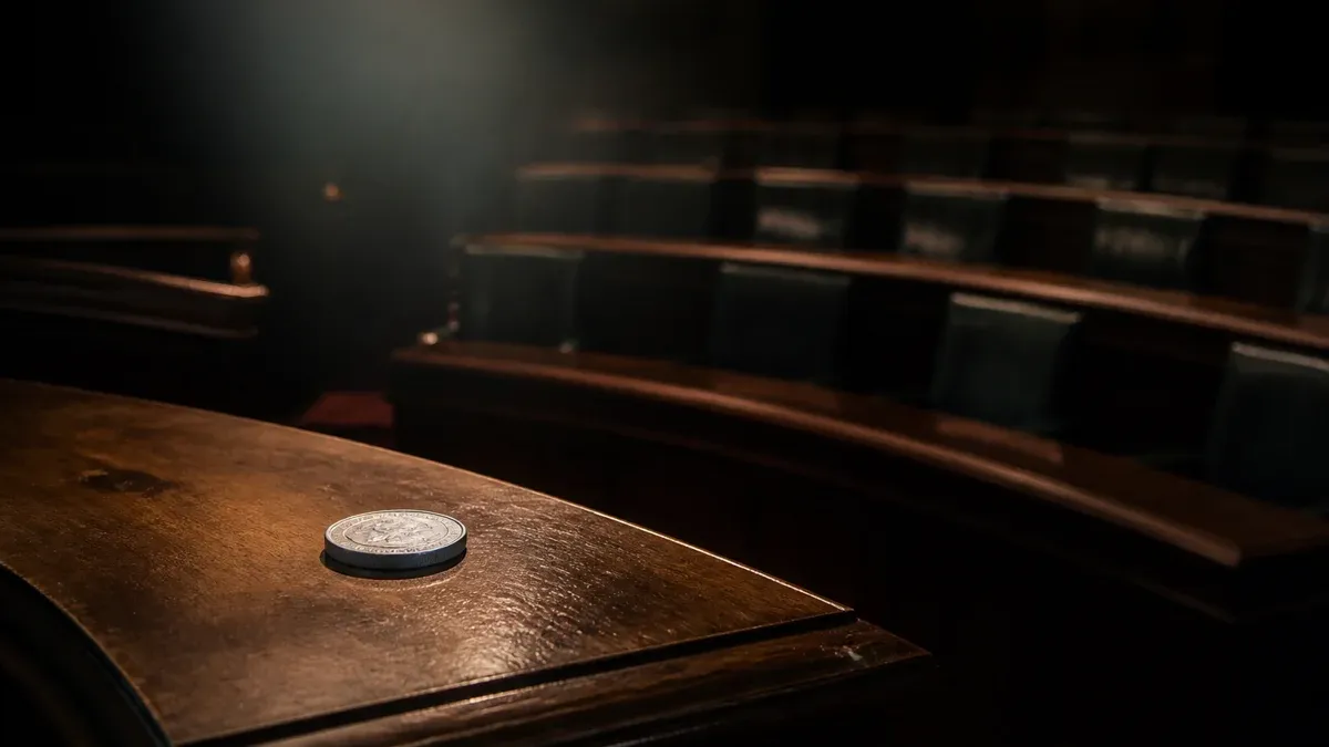 Empty chamber with semicircular desks, a silver coin lying in a beam of light on the front one