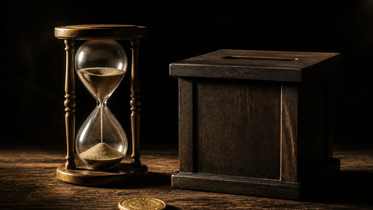 Hourglass beside a plain wooden ballot box, a gold coin in front of it