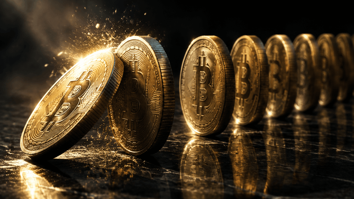 Lange Reihe hochkant aufgestellter Münzen mit Bitcoin-Symbol auf dunkler Steinplatte, die vorderste Münze kippt gerade gegen die nächste