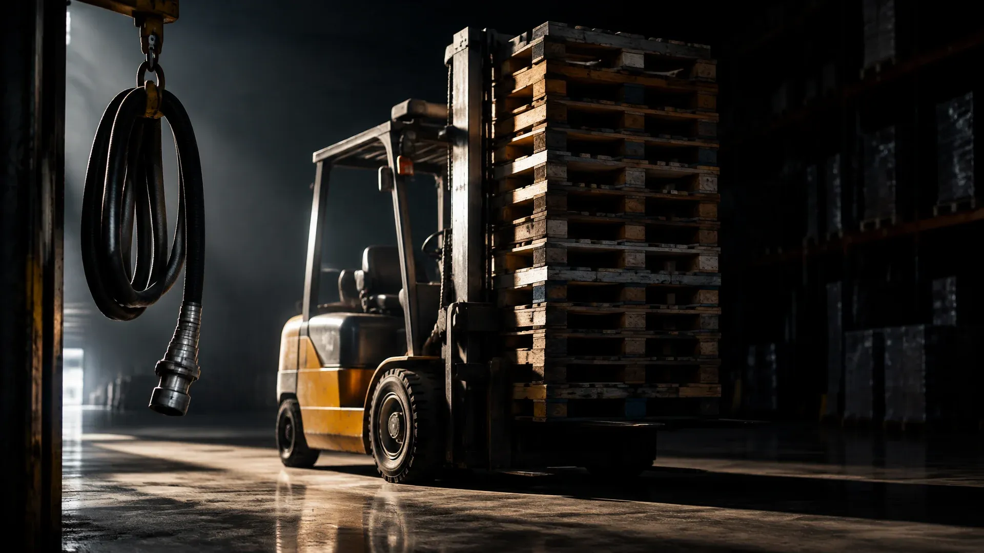 Loaded forklift standing motionless in a dark warehouse, the fuel hose hanging unused on its hook