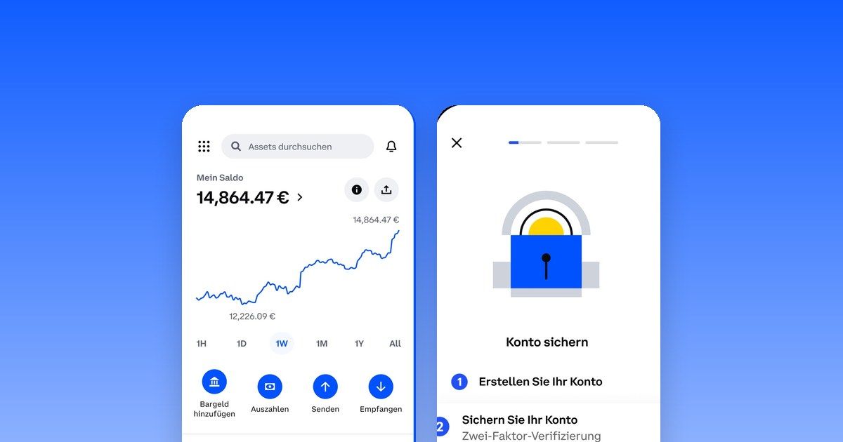 Die Coinbase-App auf zwei Smartphones: Portfolio-Ansicht und Kontosicherung