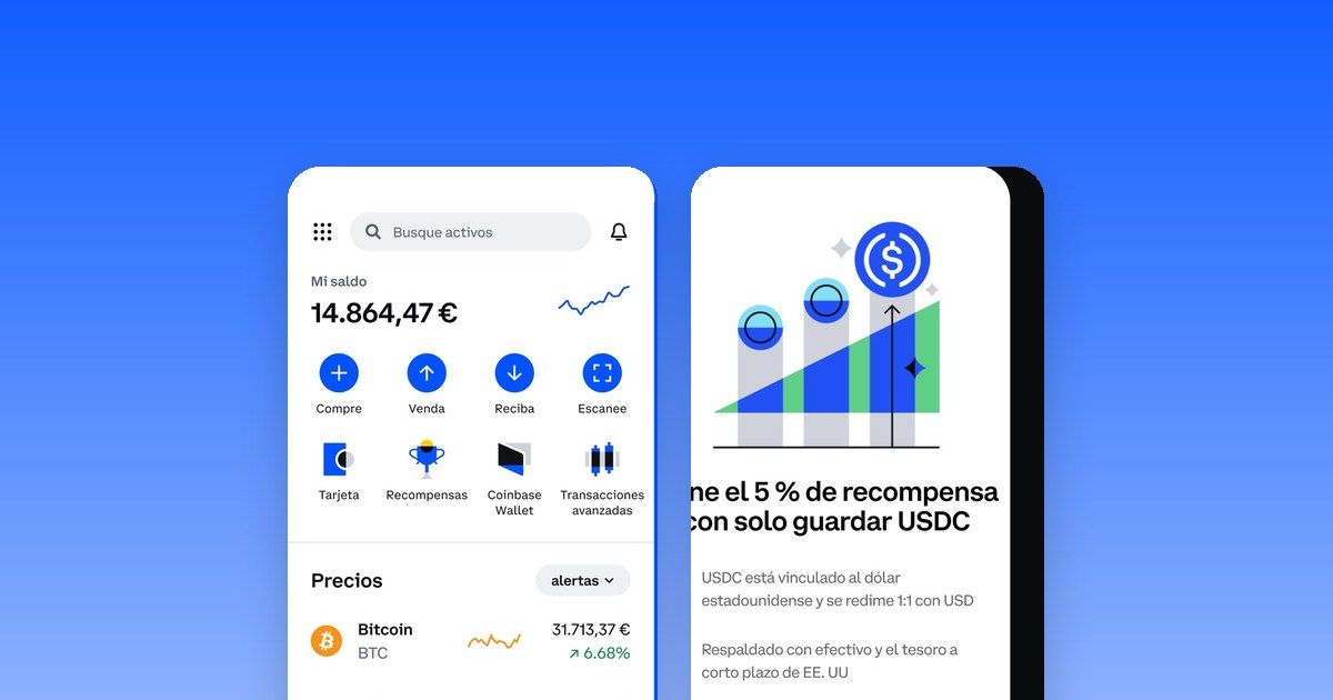 La app de Coinbase en dos smartphones: vista de la cartera y seguridad de la cuenta