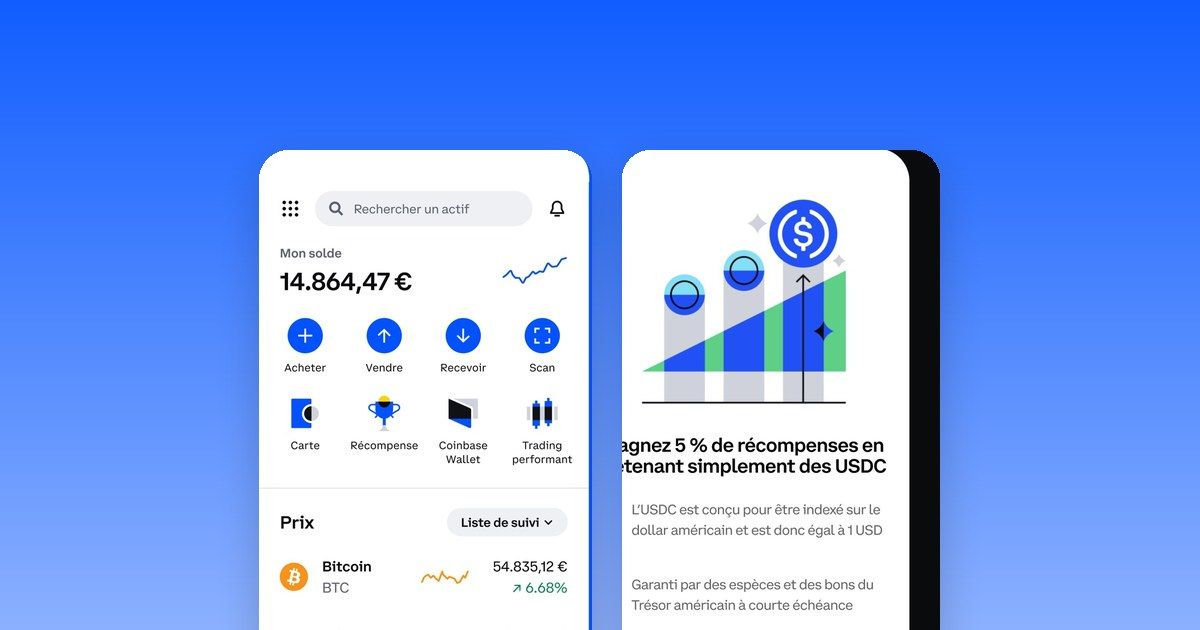 L’application Coinbase sur deux smartphones&nbsp;: vue du portefeuille et sécurisation du compte