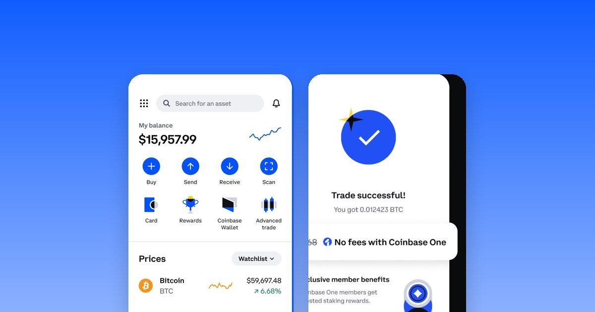 The Coinbase app on two smartphones: portfolio view and account security