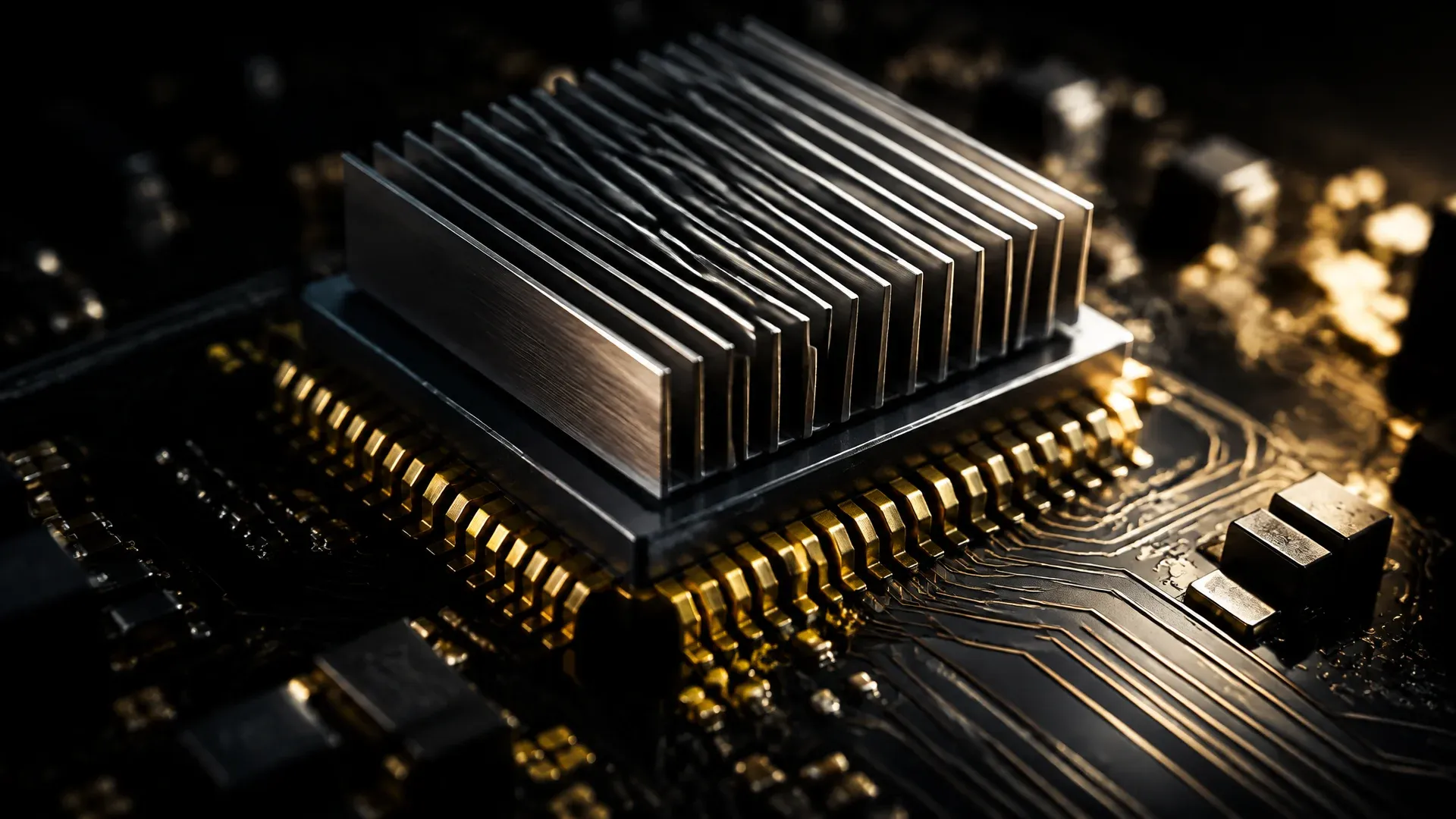 Macro shot of a processor chip on a dark circuit board with gold contact pads and a ribbed heat sink