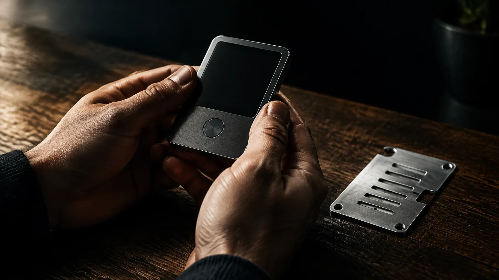 Two hands hold an unbranded hardware wallet with a dark display above a wooden table top, a stamped metal plate beside it