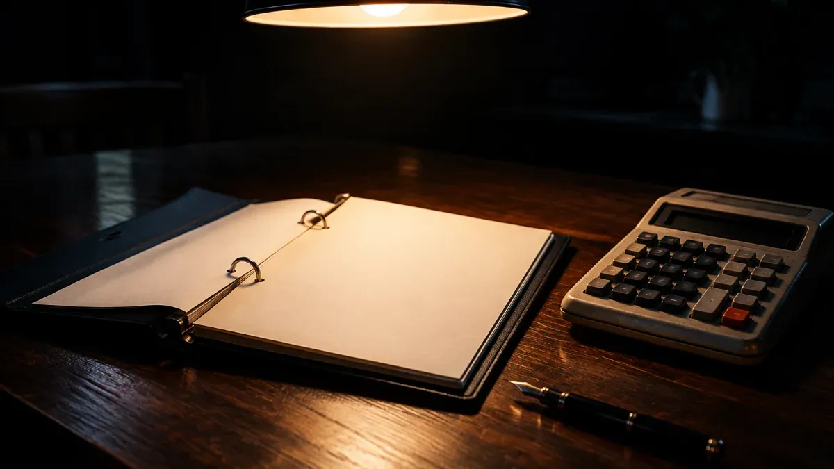 An open ring binder with blank sheets and an old desktop calculator on a dark wooden table under a low-hanging lamp.