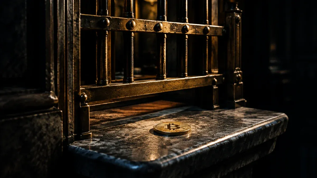 An old bureau de change window with a heavy brass grille; a single gold coin bearing an embossed bitcoin symbol lies on the stone counter.