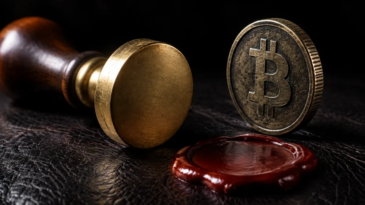 Messing-Siegelstempel und roter Siegelwachs auf dunklem Leder, daneben eine Metallmünze mit eingeprägtem Bitcoin-Symbol