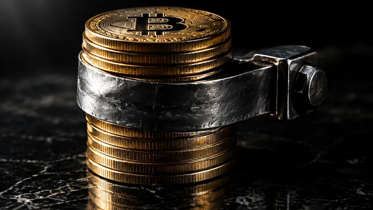 Ein Stapel Metallmünzen mit eingeprägtem Bitcoin-Symbol, fest umschlossen von einem gespannten Stahlband