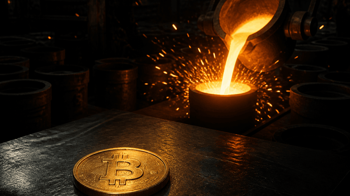 Fl&uuml;ssiges Gold l&auml;uft aus einem Schmelztiegel in eine einzige runde Gussform, ringsum leere Formen im Dunkeln, vorne eine erkaltete Goldm&uuml;nze mit Bitcoin-Zeichen